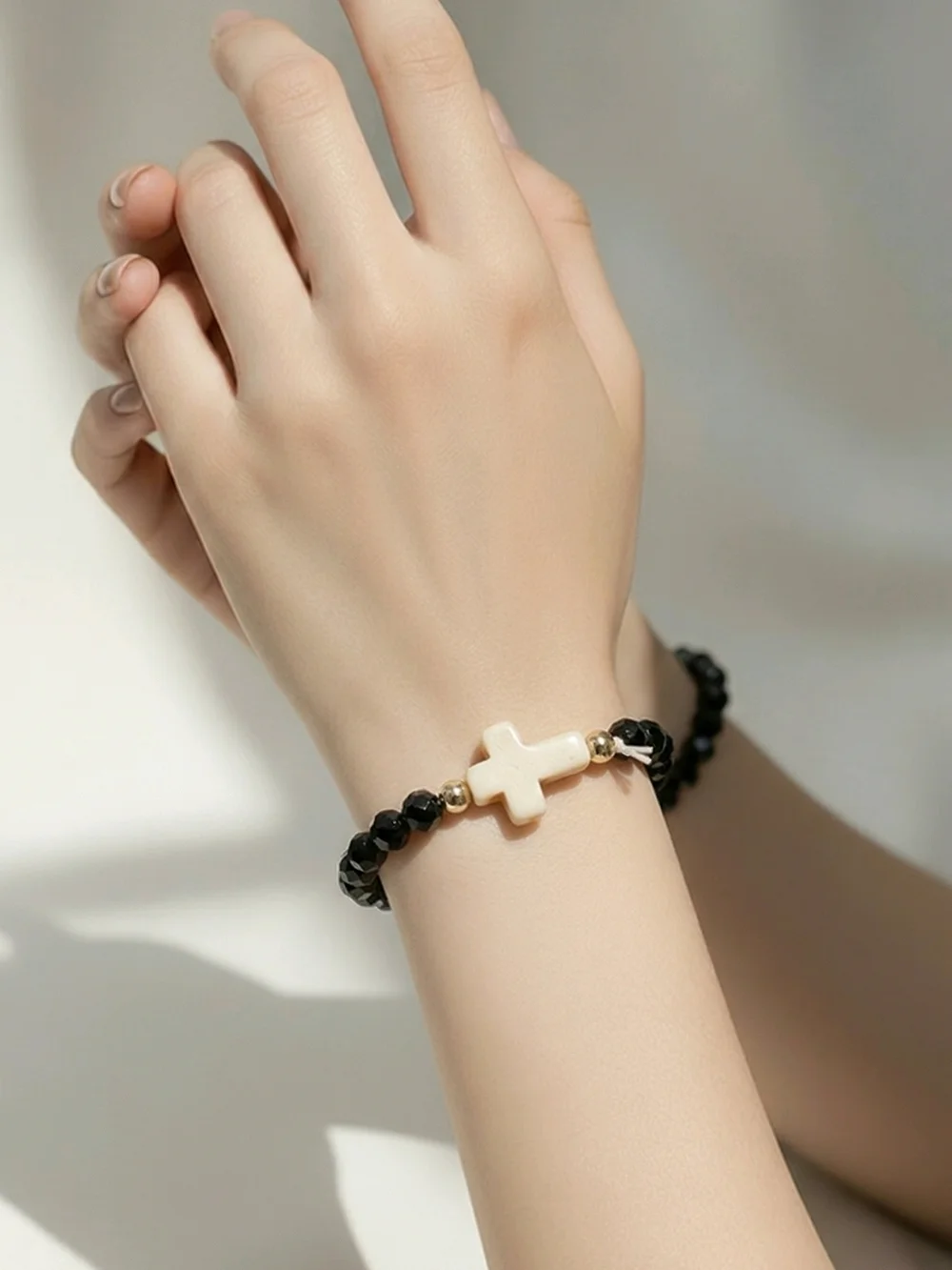 Black Beaded Cross Bracelet Stretch Faith Christian Stackable Minimalist NWT